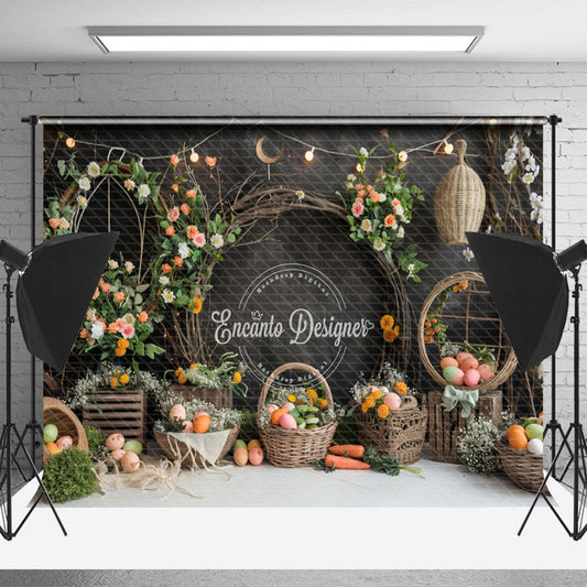 Lofaris Black Grey Floral Carrot Eggs Easter Photo Backdrop