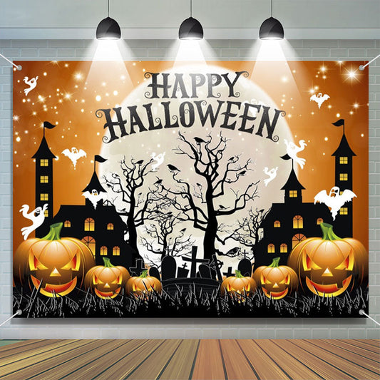 Lofaris Black House Ghost Pumpkin Night Halloween Backdrop
