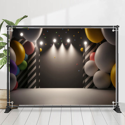 Lofaris Black Light Balloons Gray Happy Birthday Backdrop