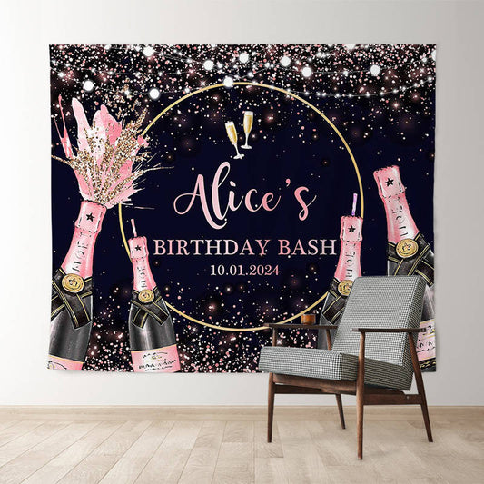 Lofaris Black Pink Champagne Glitter Custom Birthday Backdrop