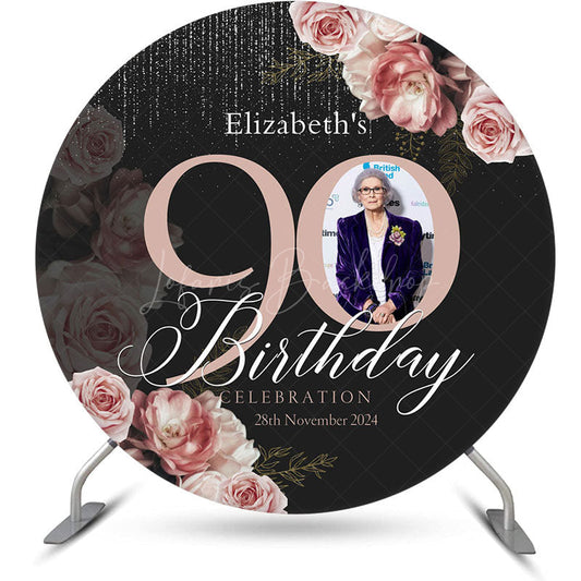 Lofaris Black Pink Floral Round 90th Birthday Party Backdrop