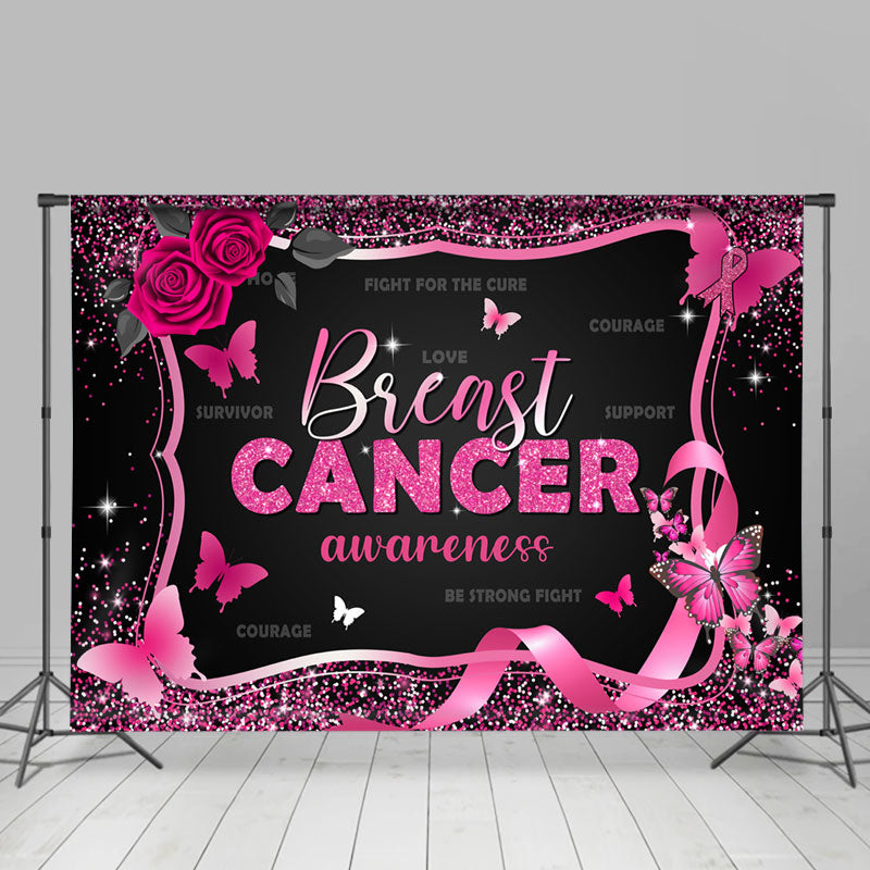 Lofaris Black Pink Rose Butterfly Breast Cancer Backdrop