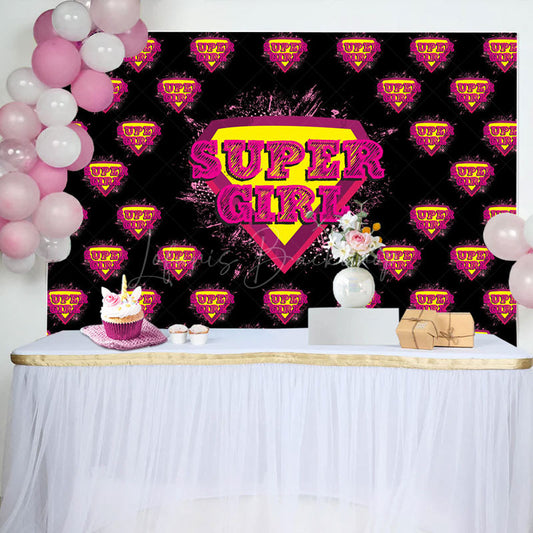 Lofaris Black Pink Super Girl Happy Birthday Party Backdrop