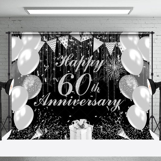 Lofaris Black Silver Balloon Happy 60th Anniversary Backdrop