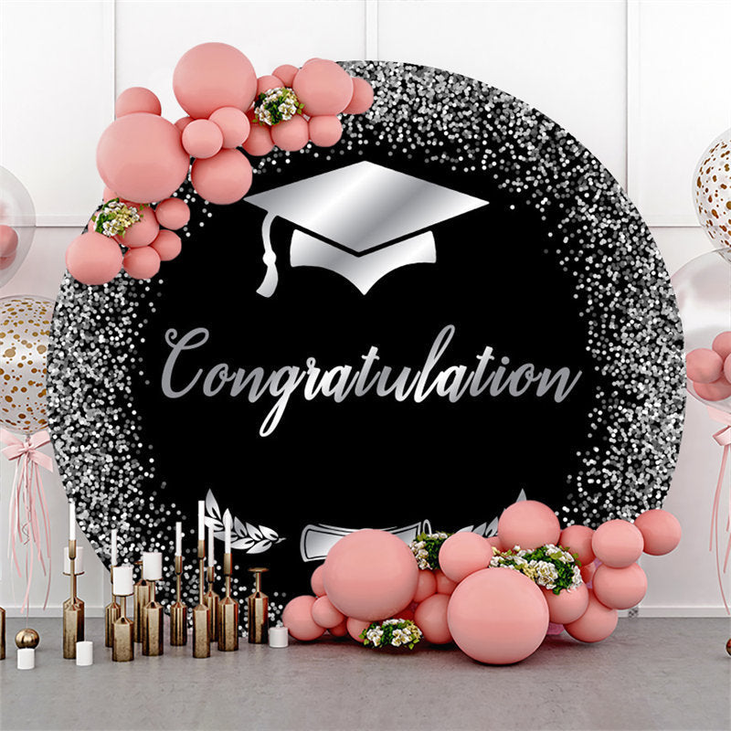 Black Silver Glitter Cap Round Graduation Backdrop - Lofaris
