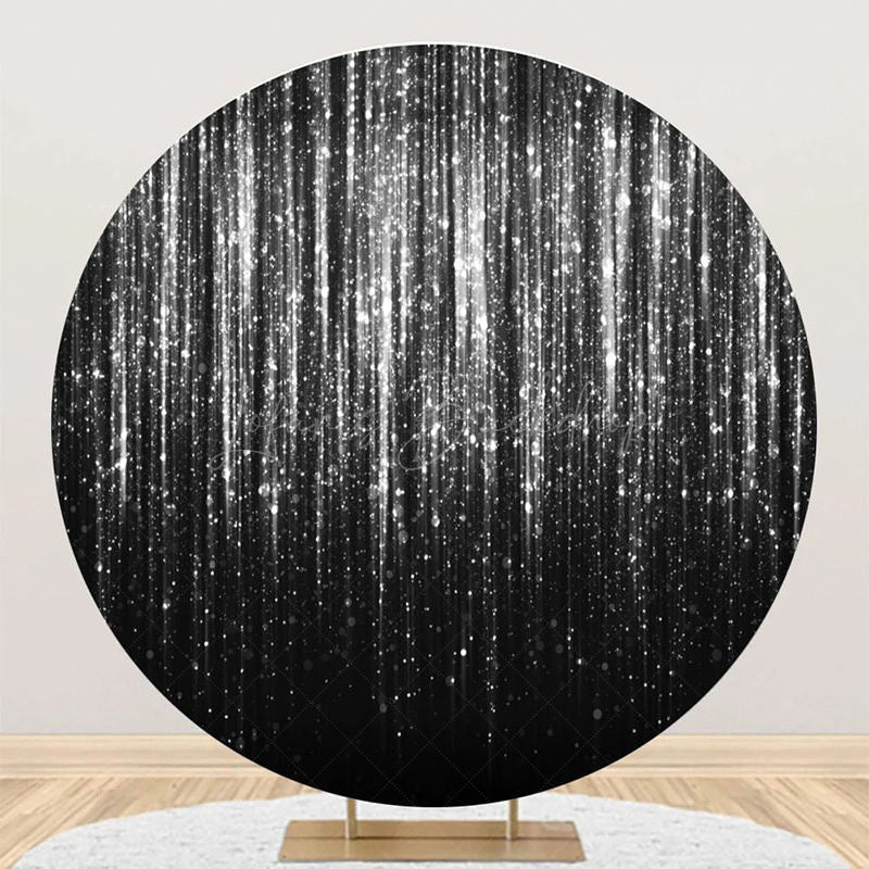 Lofaris Black Silver Glitter Stripes Round Birthday Backdrop