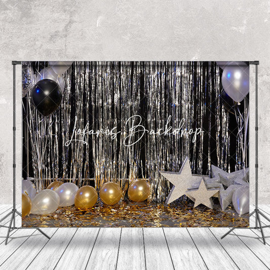 Lofaris Black Silver Gold Balloon Stars Cake Smash Backdrop