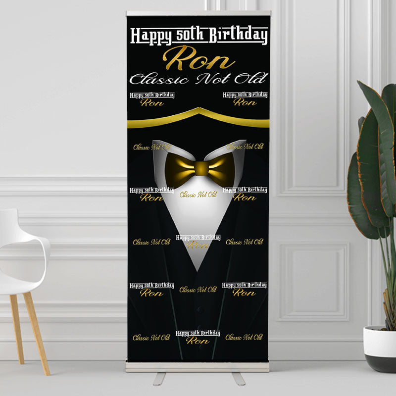Lofaris Black Suit Repeat Custom Retractable Birthday Banner