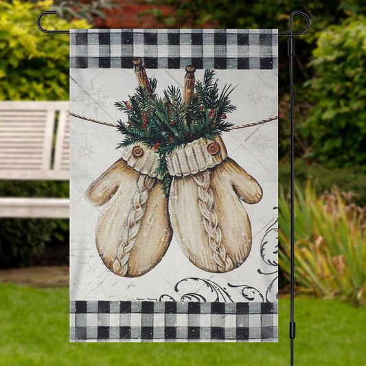 Lofaris Black White Plaid Gloves Leaf Christmas Garden Flag