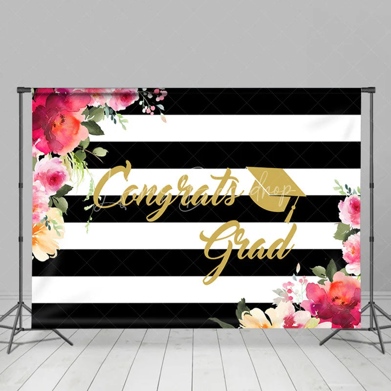 Lofaris Black-White Stripes Floral Theme Congratsgrad Backdrop