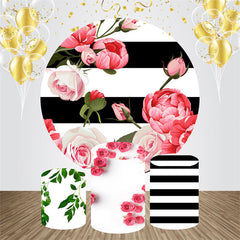 Lofaris Black White Stripes Rose Round Birthday Backdrop Kit