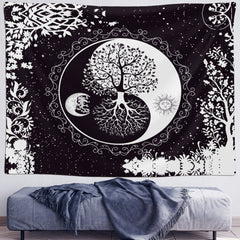 Lofaris Black White Tree Of Life Moon Sun Tai Chi Tapestry