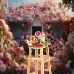 Lofaris Blooming Flowers Wooden House Door Spring Bakcdrop