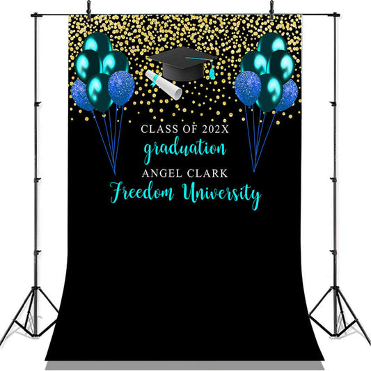 Lofaris Blue And Glitter Gold Balloons Graduation Backdrop