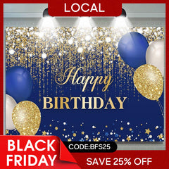 (7 Day Delivery) Lofaris Blue Gold Balloons Glitter Birthday Backdrop