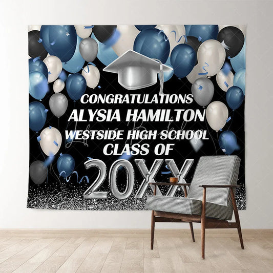 Lofaris Blue And Silver Ballons Glitter Class Of 2022 Backdrop