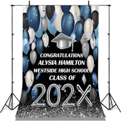 Lofaris Blue And Silver Ballons Glitter Class Of 2022 Backdrop