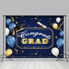 Lofaris Blue Balloon Gold Ribbon Hat Graduation Backdrop