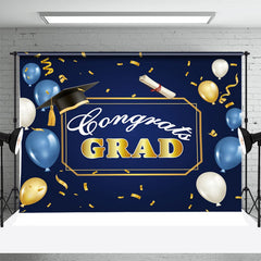 Lofaris Blue Balloon Gold Ribbon Hat Graduation Backdrop