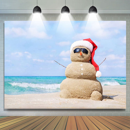 Lofaris Blue Beach Sandy Snowman Christmas In July Backdrop