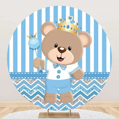 Lofaris Blue Bear Crown Stripe Round Baby Shower Backdrop
