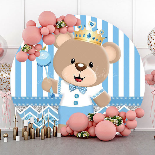 Lofaris Blue Bear Crown Stripe Round Baby Shower Backdrop