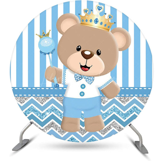 Lofaris Blue Bear Crown Stripe Round Baby Shower Backdrop