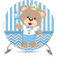 Lofaris Blue Bear Crown Stripe Round Baby Shower Backdrop
