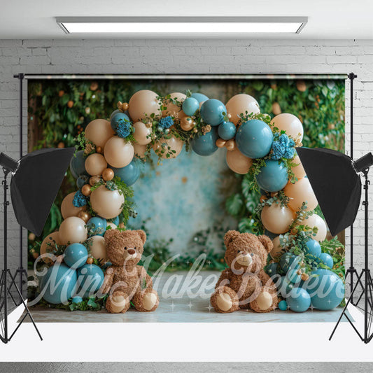 Lofaris Blue Beige Balloon Leaves Bear Cake Smash Backdrop