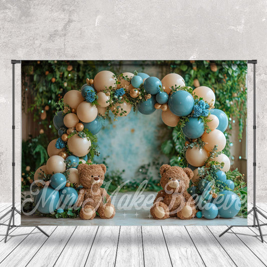 Lofaris Blue Beige Balloon Leaves Bear Cake Smash Backdrop