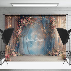 Lofaris Blue Beige Curtain Dim Light Pink Floral Backdrop