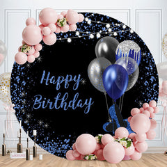 Lofaris Blue Black Balloons Round Happy Birthday Backdrop