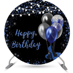 Lofaris Blue Black Balloons Round Happy Birthday Backdrop