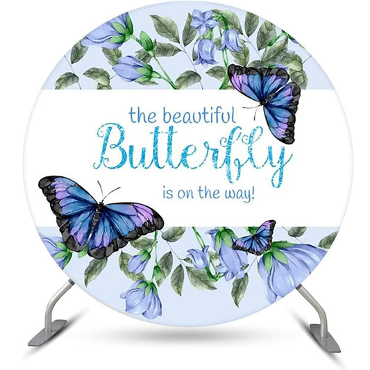 Lofaris Blue Butterfly Floral Round Baby Shower Backdrop