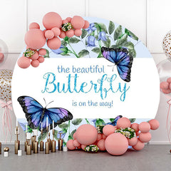 Lofaris Blue Butterfly Floral Round Baby Shower Backdrop