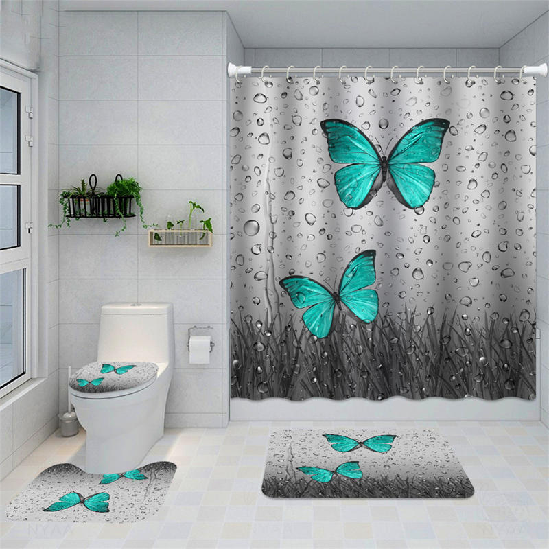 Lofaris Blue Butterfly Raindrop Rose Flower Shower Curtain