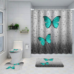 Lofaris Blue Butterfly Raindrop Rose Flower Shower Curtain