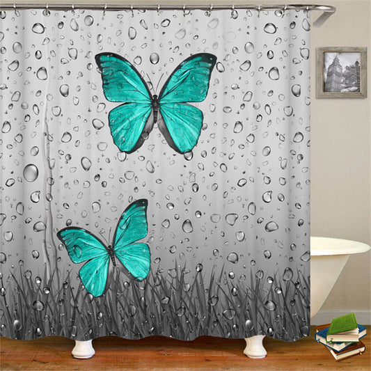Lofaris Blue Butterfly Raindrop Rose Flower Shower Curtain