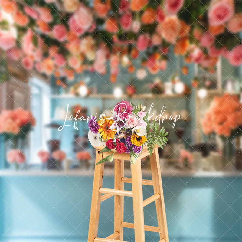 Lofaris Blue Cafe Bar Light Dense Pink Floral Photo Backdrop