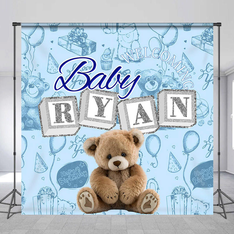 Lofaris Blue Caricature Style Bear Custom Baby Shower Backdrop