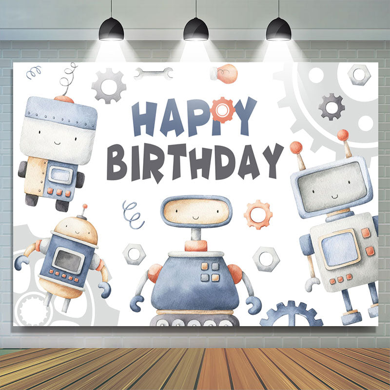 Lofaris Blue Cartoon Robot Happy Birthday Backdrop For Boy