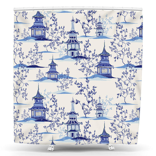 Lofaris Blue Chinese Pagodas Mountains Trees Shower Curtain