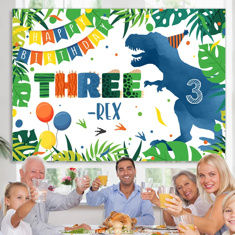 Lofaris Blue Dinosaur Forest Three Happy Birthday Backdrop