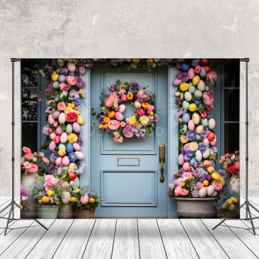 Lofaris Blue Door Colorful Egg Floral Easter Photo Backdrops