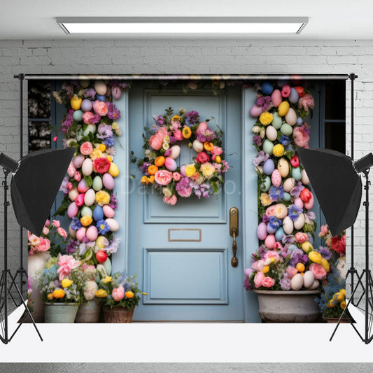 Lofaris Blue Door Colorful Egg Floral Easter Photo Backdrops
