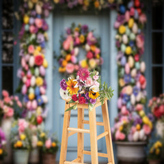 Lofaris Blue Door Colorful Egg Floral Easter Photo Backdrops