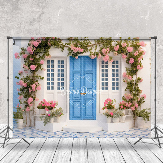 Lofaris Blue Door Floral Leaf Spring Backdrop For Photograph