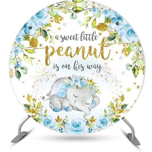 Lofaris Blue Elephant Floral Gold Round Baby Shower Backdrop