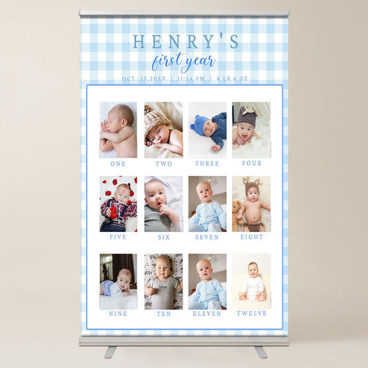 Lofaris Blue Fabric Plaid Baby Photo First Year Welcome Sign