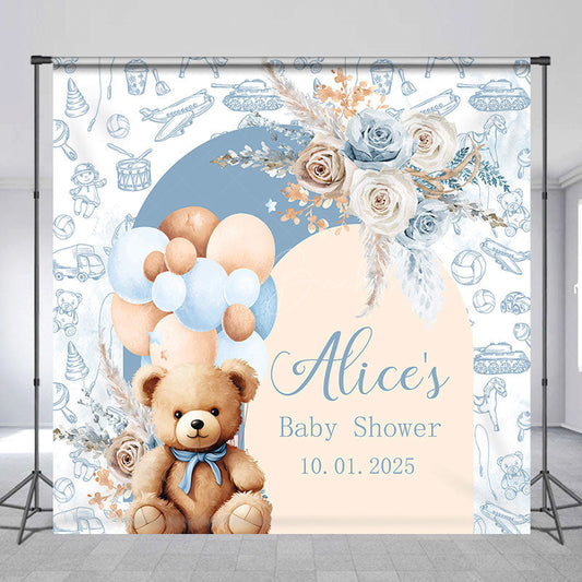 Lofaris Blue Floral Bear Balloon Custom Baby Shower Backdrop